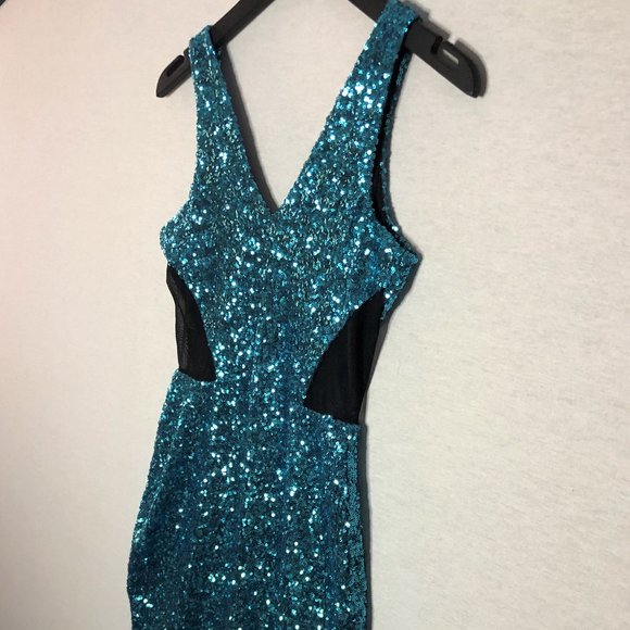 BEBE Turquoise Blue Sequin Dress with Mesh Side Detailing - Picture 7 of 7